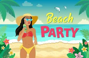 tropical look. holiday in an exotic country. summer sale banner. palm trees, beach, plants. vector illustration