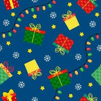 seamless christmas pattern template in cartoon style with christmas candies, gifts, holly leaves and bells. for wrapping paper, textile, themed decor vector