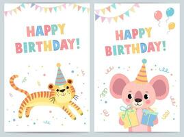 Cute birthday cards for kids with funny animals. vector illustration