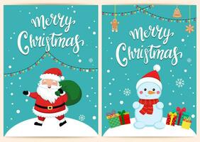 template for congratulations on christmas and new year in cartoon style. funny santa claus and items vector