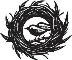 misterio en monocromo aviar refugio logo refinado aéreo morada negro pájaro nido emblema vector