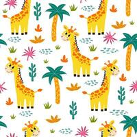 sin costura modelo con africano animales y plantas en un infantil dibujos animados estilo. vector ilustración. para para niños textiles y decoración