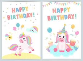 Cute birthday cards for kids with funny unicorn. vector illustration