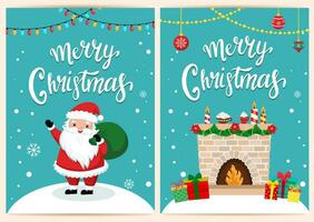 template for congratulations on christmas and new year in cartoon style. funny santa claus and items vector