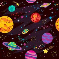 seamless pattern with space objects, planets, rockets, stars, comets, spaceships in cartoon style. vector illustration