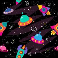 seamless pattern with space objects, planets, rockets, stars, comets, spaceships in cartoon style. vector illustration