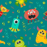 seamless pattern with aliens and space monsters, planets, rockets, stars, comets, spaceships in cartoon style. vector illustration