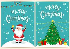 template for congratulations on christmas and new year in cartoon style. funny santa claus and items vector