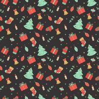 seamless christmas pattern template in cartoon style with christmas candies, gifts, holly leaves and bells. for wrapping paper, textile, themed decor vector