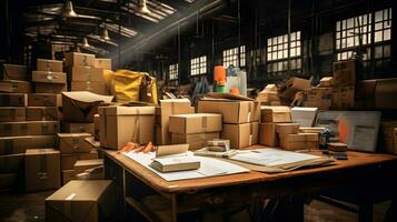 Warehouse interior with parcels on the table and working tools table AI Generated photo