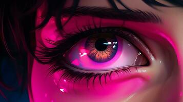 Closeup of beautiful female eye in neon light AI Generated photo