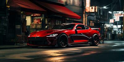 rojo súper coche estacionado en el calle a noche ai generado foto
