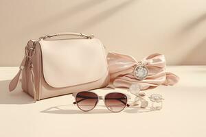 Beige female bag, sunglasses and pearls on the floor AI Generated photo