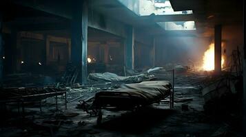 Abandoned hospital in the night. Fire in the city AI Generated photo