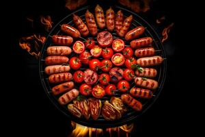 Grilled sausages with tomatoes and spices on a barbecue grill AI Generated photo