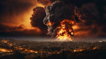 conceptual imagen de grande explosión con fumar y fuego en el ciudad ai generado foto