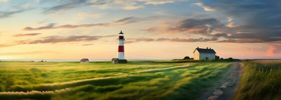 Panoramic view of the lighthouse at sunset. Rural landscape AI Generated photo