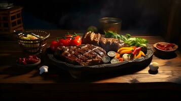 Grilled meat with vegetables and spices on wooden table AI Generated photo