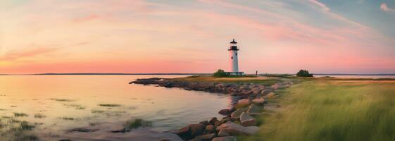 Panoramic view of the lighthouse at sunrise. Long exposure AI Generated photo