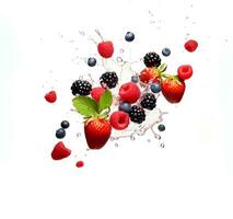 Fruit and berries falling into water splash isolated on white background AI Generated photo