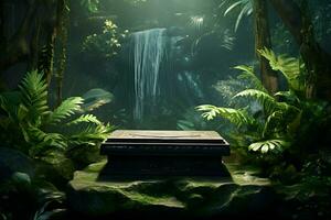 A mysterious waterfall surrounded by lush greenery in the heart of the jungle. AI Generated photo