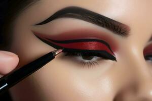 Close up of a woman's eye with red and black makeup. AI Generated photo