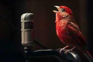 un hermosa rojo pájaro canto en micrófono ai generado foto