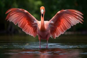 A majestic flamingo gracefully flapping its wings in the water. AI Generated photo