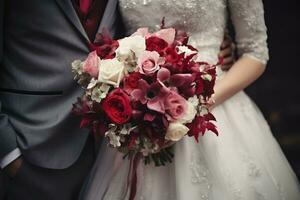 A bride and groom holding a bouquet of red and white flowers. AI Generated photo