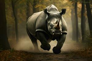 A rhinoceros sprinting along a dirt path in a lush forest. AI Generated photo