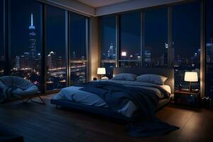 A bedroom with a breathtaking view of the city lights at night. AI Generated photo