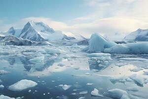 Icebergs floating in water with majestic mountains in the background. AI Generated photo