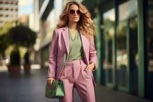 A beautiful blonde model in a pink suit and sunglasses. AI Generated photo