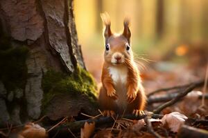 A red squirrel standing next to a tree in a forest. AI Generated photo