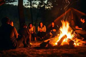 un grupo de amigos disfrutando un acogedor noche alrededor un hoguera. ai generado foto