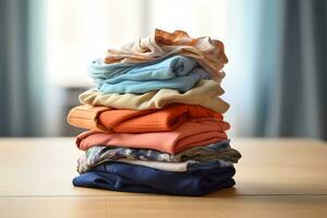 Neatly folded clothes on a rustic wooden table. AI Generated photo