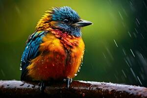 un vibrante pájaro encaramado en un empapado de lluvia rama. ai generado foto