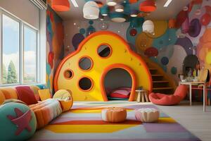 vistoso dormitorio lleno con juguetes niños jugando habitación. ai generado foto