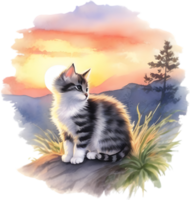 Kitten sitting on a hill at sunset. AI-Generated. png