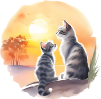 Kitten sitting on a hill at sunset. AI-Generated. png