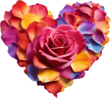 rainbow rose petals are arranged in a heart shape. AI-Generated. png