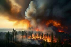 un furioso fuego envuelve un denso bosque. ai generado foto