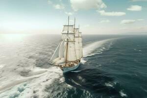A majestic white sailboat sailing in the vast ocean. AI Generated photo