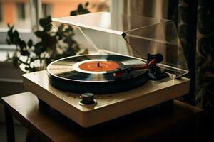 A vintage record player on a rustic wooden table. AI Generated photo