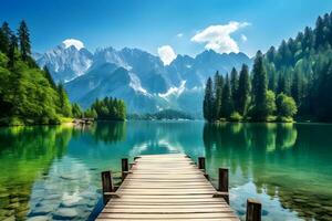 A serene wooden dock on a tranquil lake. AI Generated photo