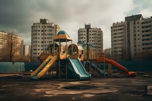 A colorful children's play area with a slide. AI Generated photo