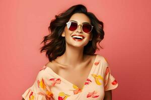 A happy woman in sunglasses and a floral top. AI Generated photo