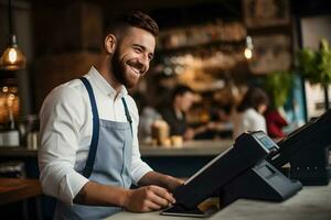 A male cashier working at a cash register in an apron. AI Generated photo