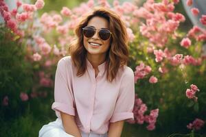 A woman sitting in a beautiful field of pink flowers. AI Generated photo