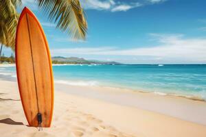 A surfboard leaning against a palm tree on a beautiful beach. AI Generated photo